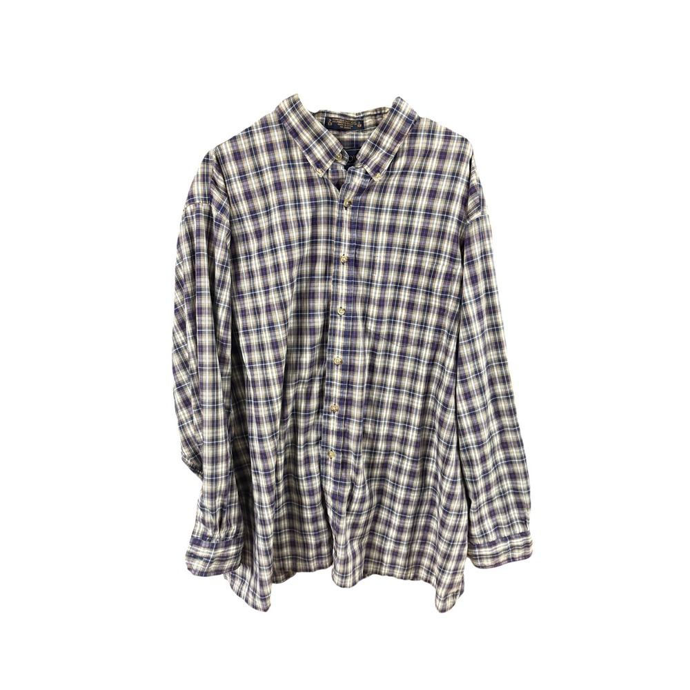 Arrow Mens 2XB Plaid Button Down Shirt Dura-Neat Easy Wear Long Sleeve Blue Tan